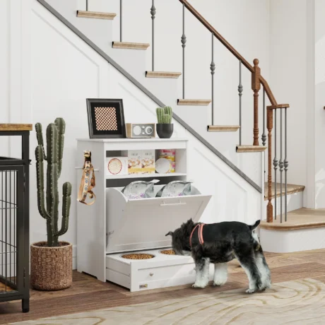 Pet Feeding Cabinet with Pull-Out Bowls – White