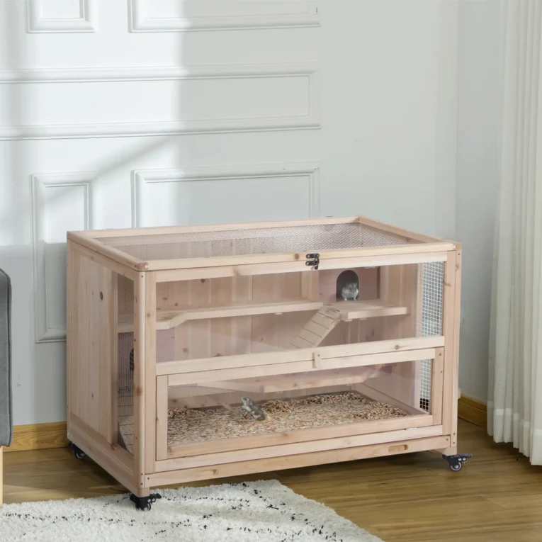 Three-Level Wooden Rodent Enclosure with Wheels and Tray – Natural, 99cm Three-Level Wooden Rodent Enclosure with Wheels and Tray – Natural, 99cm