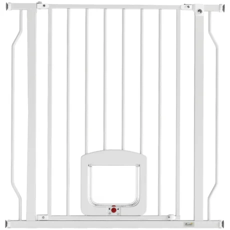 Pressure-Fit Pet Gate with Four-Way Cat Door &ndash; White, 75&ndash;85cm