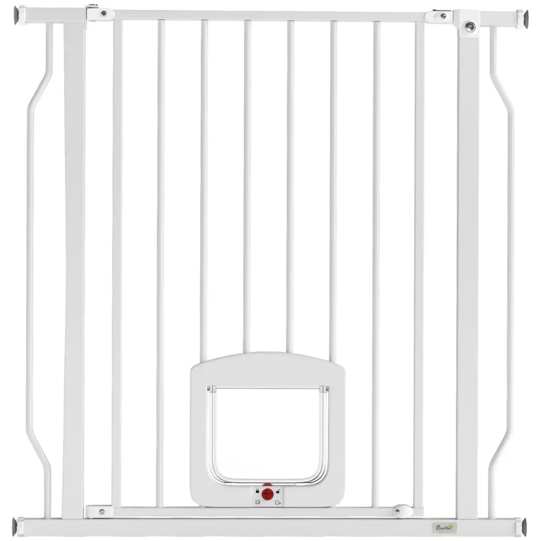 Pressure-Fit Pet Gate with Four-Way Cat Door – White, 75–85cm