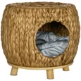 Raised Wicker Cat Den with Washable Cushion – Light Brown