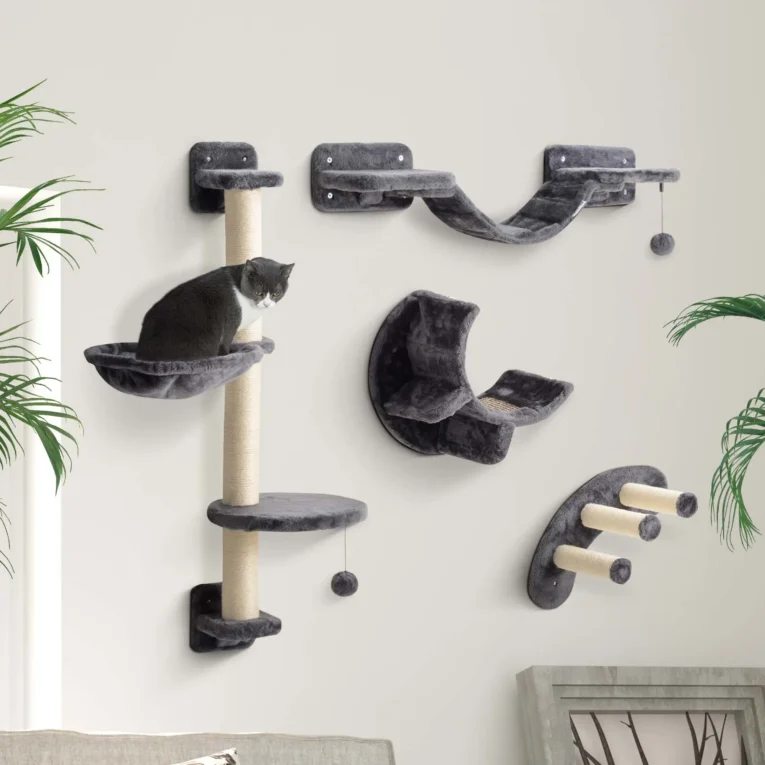 Four-Piece Wall-Mounted Cat Furniture Set with Hammock – Dark Grey