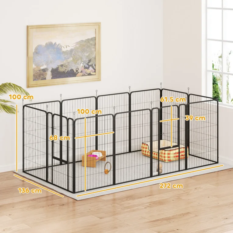 Twelve-Panel Steel Dog Playpen with Two Gates – Black, 100cm High