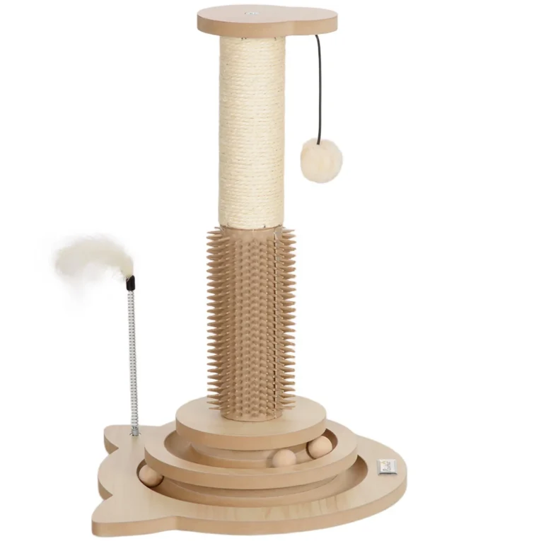 Cat Scratching Post with Grooming Brush and Ball Tracks – Oak, 49cm
