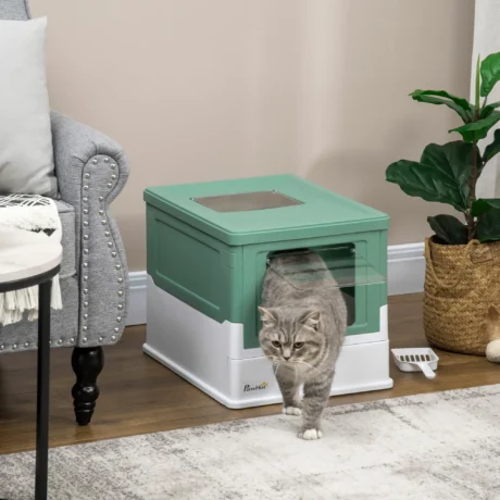 Folding Hooded Cat Litter Box with Scoop – Green