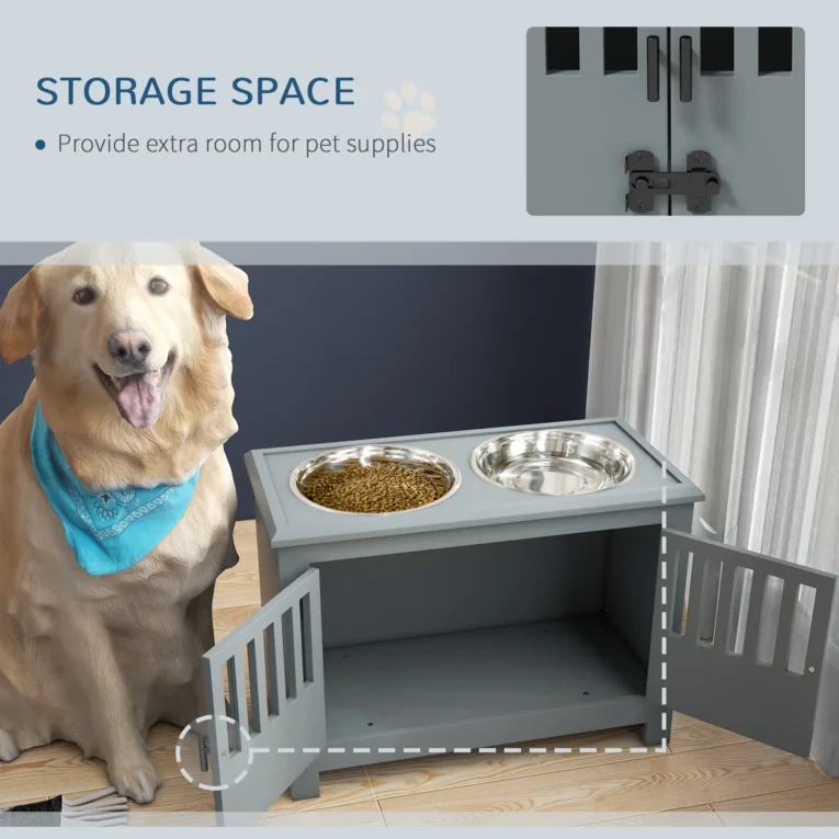 Dog Feeding Cabinet with Latching Doors – Grey, Two 2L Bowls