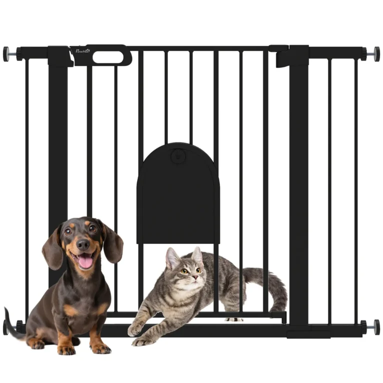 Dog Gate with Cat Flap and Two Extensions – Black, 75–103cm Dog Gate with Cat Flap and Two Extensions – Black, 75–103cm