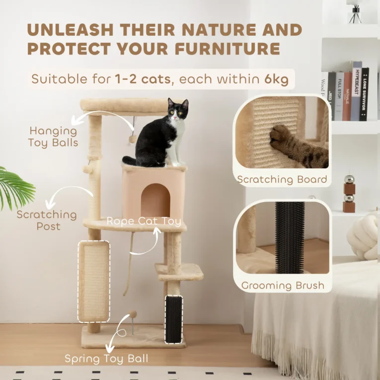 Cat Activity Tree with Grooming Brush and Bed – Beige, 132cm