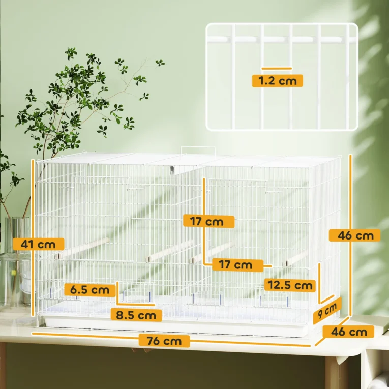 Divided Bird Cage with Perches and Feeders – White, 76cm