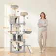 Tall Cat Tower with Three Beds and Two Hammocks – Light Grey, 192cm