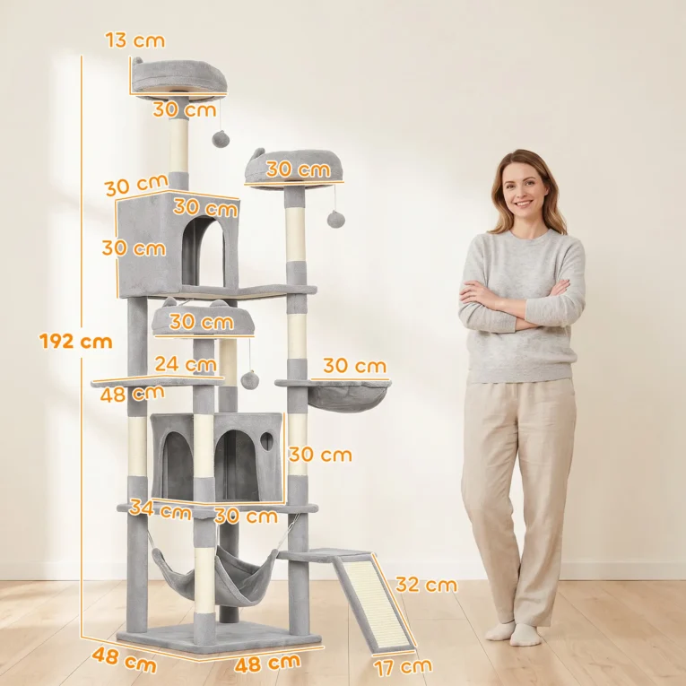 Tall Cat Tower with Three Beds and Two Hammocks – Light Grey, 192cm Tall Cat Tower with Three Beds and Two Hammocks – Light Grey, 192cm