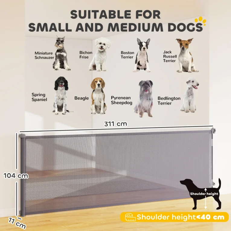 Wide Retractable Mesh Dog Gate – Grey, Extends to 300cm