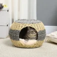 Round Rattan-Effect Cat Cave with Cushion – Beige, 40cm