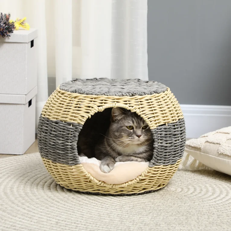 Round Rattan-Effect Cat Cave with Cushion – Beige, 40cm