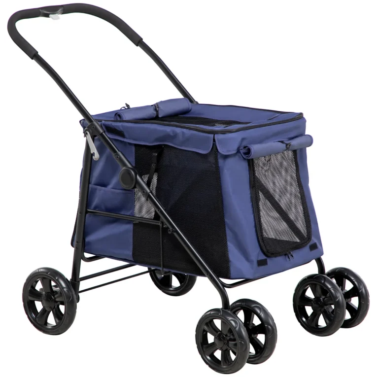 Four-Wheel Folding Pet Stroller with Cushion – Dark Blue Four-Wheel Folding Pet Stroller with Cushion – Dark Blue