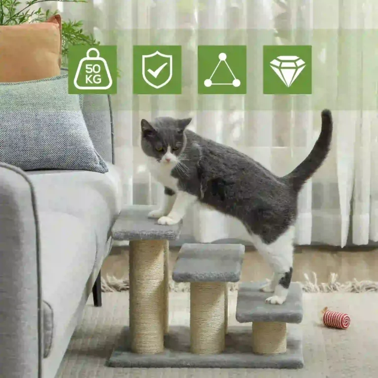 Three-Step Plush Pet Stairs – Grey, 34cm