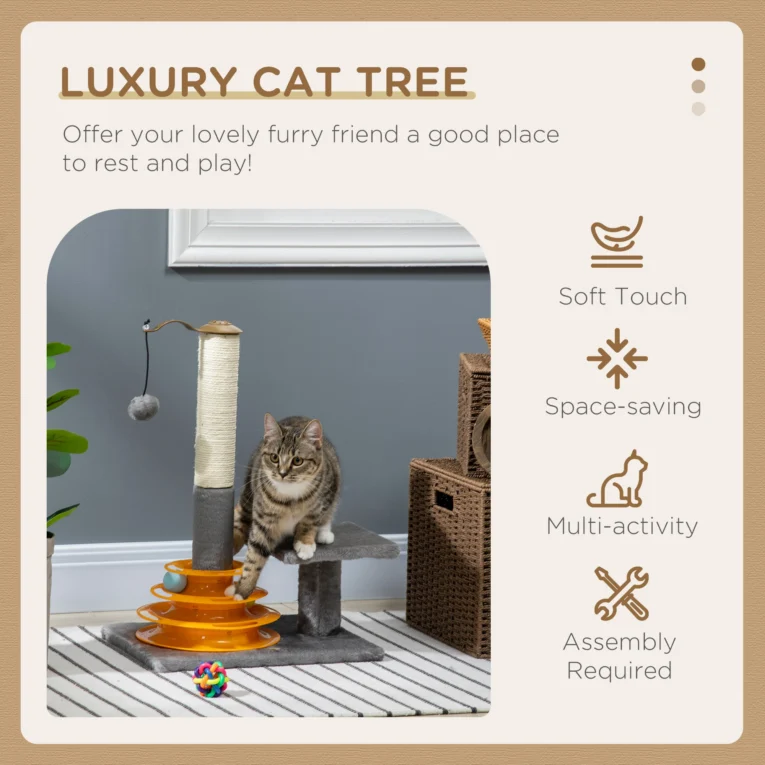 Compact Cat Activity Tower with Scratching Post – Grey, 56cm