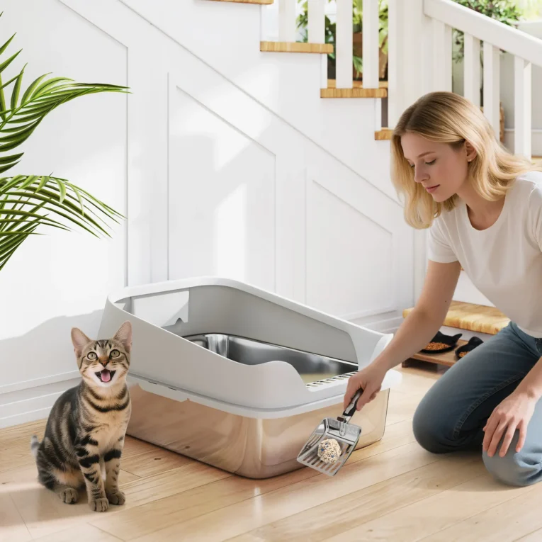 XL High-Sided Steel Cat Litter Tray with Scoop – Grey, 60cm