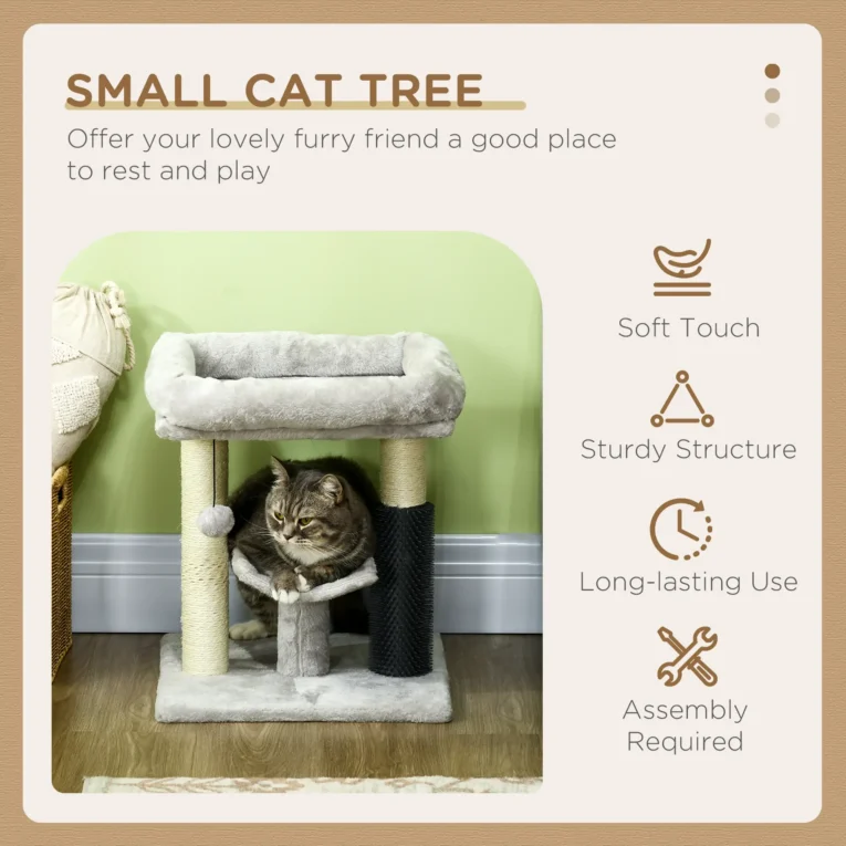 Compact Cat Tower with Bed and Grooming Brush – Grey, 48cm