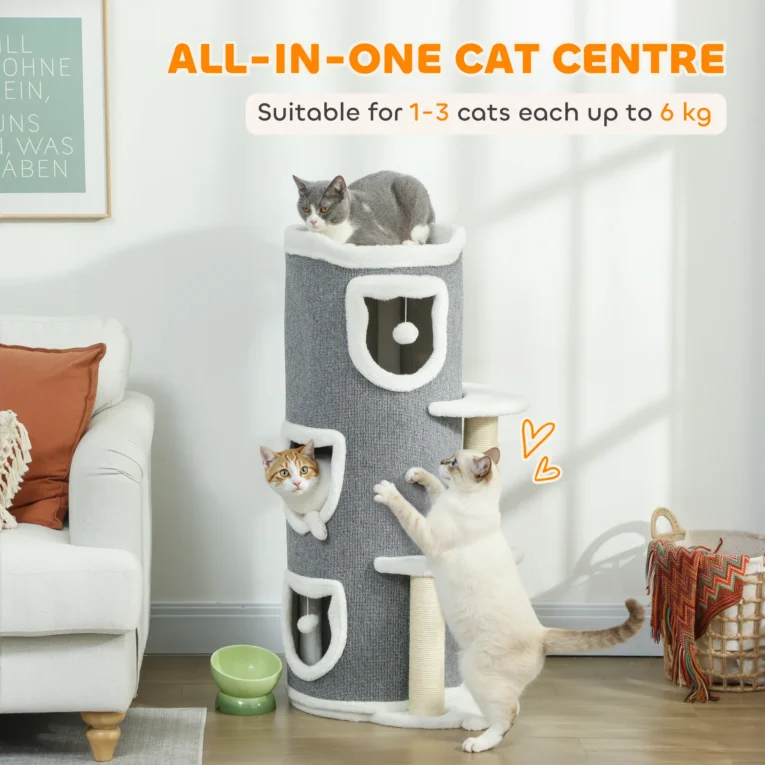 Three-Den Cat Scratching Barrel with Platforms – Grey, 101cm Three-Den Cat Scratching Barrel with Platforms – Grey, 101cm