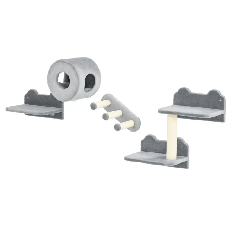 Wall-Mounted Cat Tree with Steps and Perch – Grey and cream