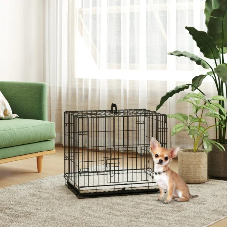 Folding Two-Door Dog Crate with Cushion – Black and Beige, 60cm