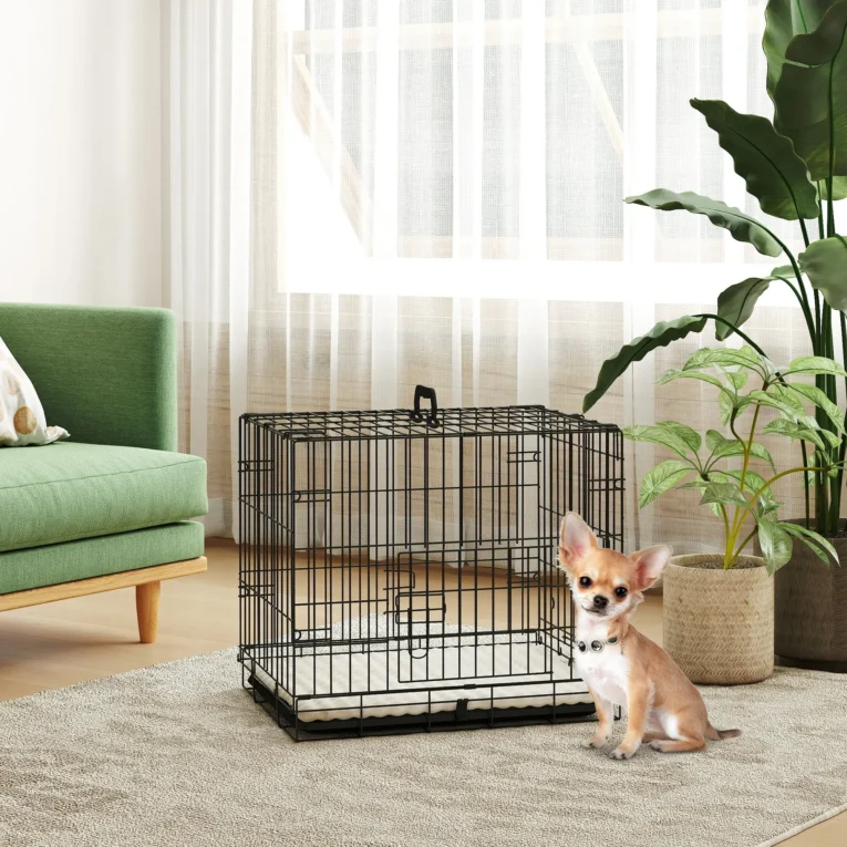 Folding Two-Door Dog Crate with Cushion – Black and Beige, 60cm