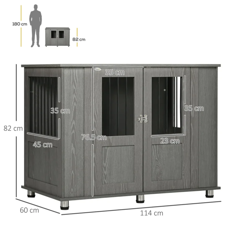 Furniture Dog Crate with Double Doors – Grey, 114cm