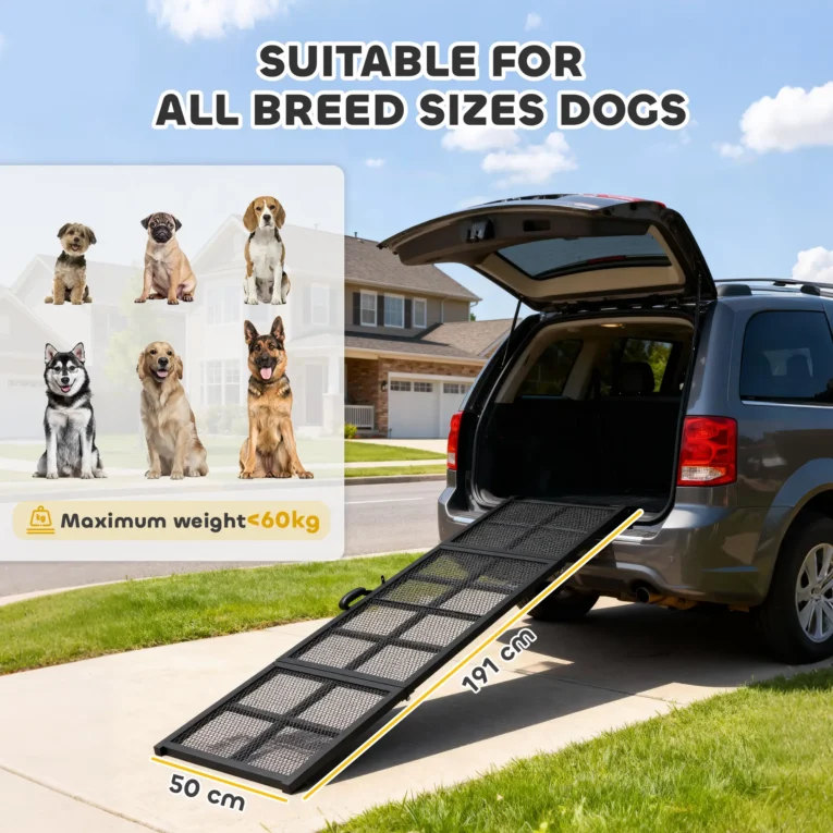 Folding Steel Dog Car Ramp – Black, 191 × 50cm