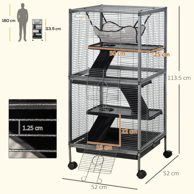 Four-Level Small-Animal Cage with Wheels and Hammock – Silver