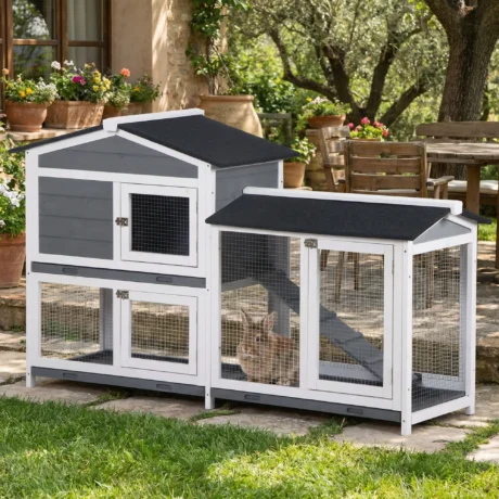 Wooden Rabbit Hutch 2-Tier with Tray – Grey, White, Black