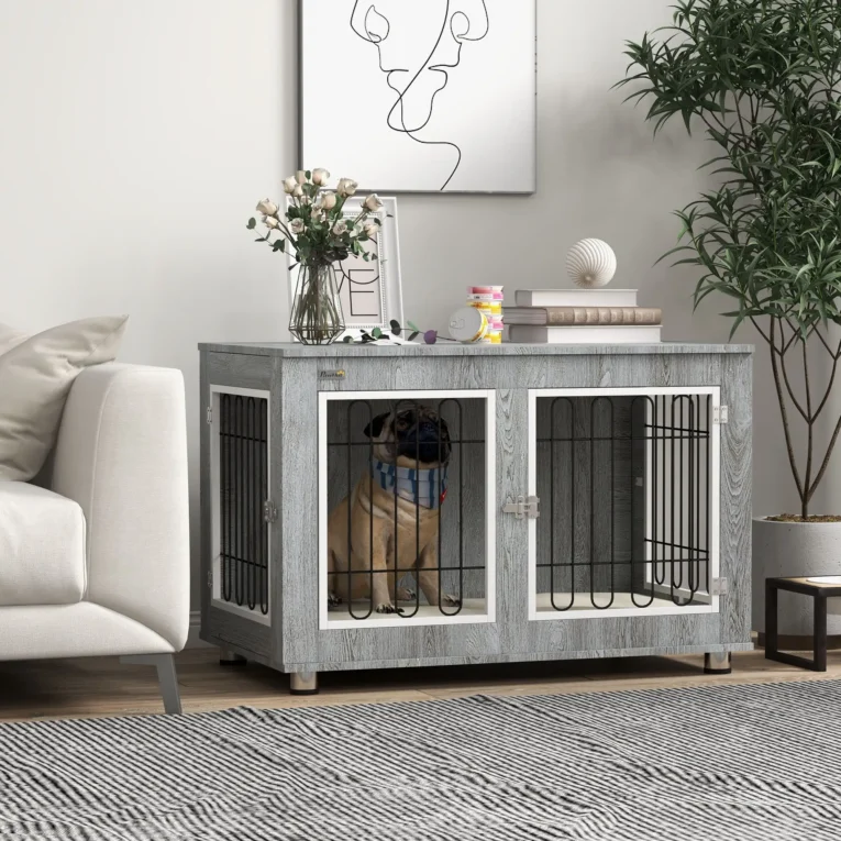 Dog Crate Furniture Table with Cushion and Doors – Grey, white and black