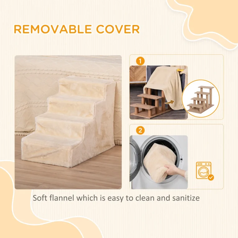 Four-Step Pet Stairs with Washable Cover – Beige, 44cm