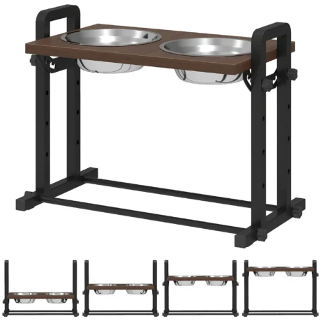 Adjustable Double Dog Bowl Stand with Tilting Top – Brown