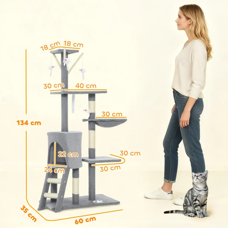 Multi-Level Cat Tower with Hammock and Ladder – Grey, 134cm Multi-Level Cat Tower with Hammock and Ladder – Grey, 134cm