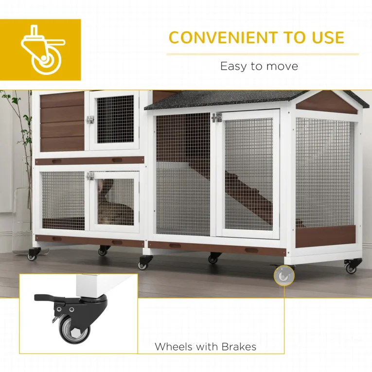 Two-Level Wooden Rabbit Hutch with Wheels and Run – Brown