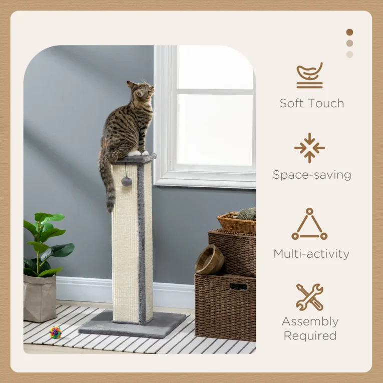 Tall Sisal Cat Scratching Column with Toy – Grey, 81cm