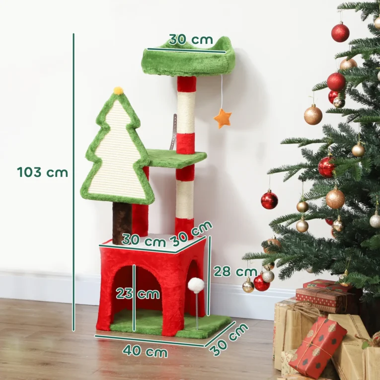 Christmas Cat Activity Tree with House and Scratching Board – Green, 103cm Christmas Cat Activity Tree with House and Scratching Board – Green, 103cm