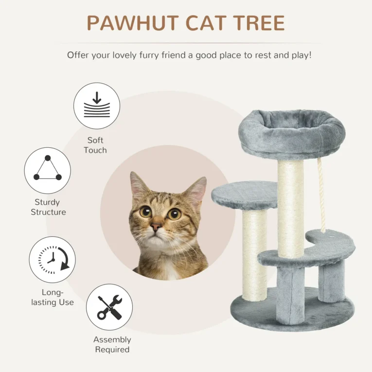 Compact Cat Tower with Sisal Posts and Hanging Rope – Grey, 65cm
