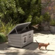 Raised Wooden Outdoor Cat Shelter with Opening Roof – Grey