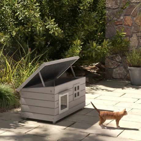 Raised Wooden Outdoor Cat Shelter with Opening Roof – Grey