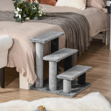 Three-Step Cat Stairs with Scratching Posts and Toy – Grey