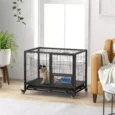 Steel Dog Crate with Wheels, Bowl Holder and Tray – Black, 92cm