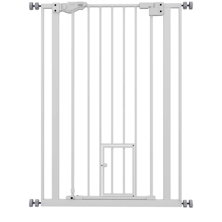 Extra Tall Steel Pet Gate with Cat Flap – White, 74–80cm