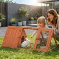 Wooden Rabbit Hutch with Run Outdoor Triangle House – Orange