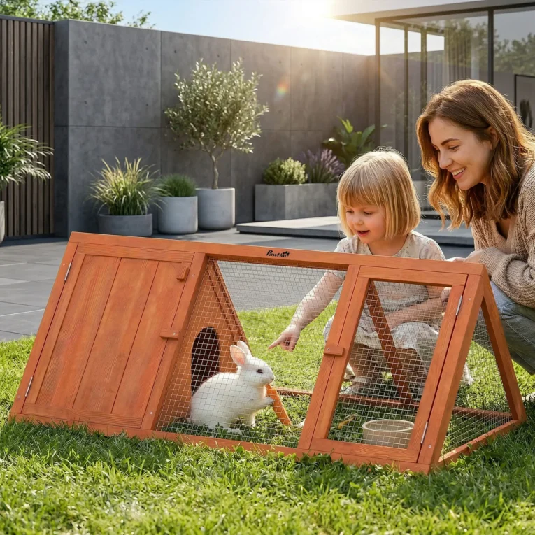 Wooden Rabbit Hutch with Run Outdoor Triangle House – Orange