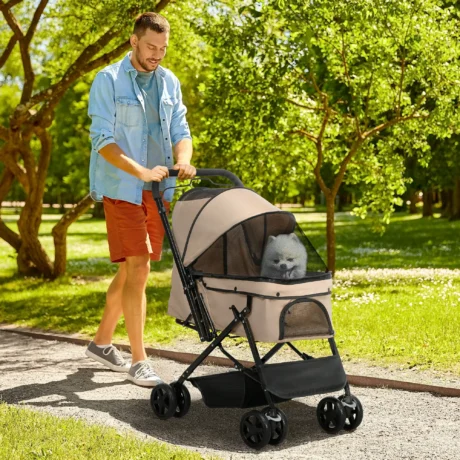 Folding Pet Stroller with Reversible Handle – Light Brown