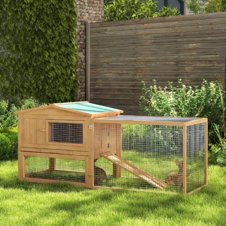 Two-Level Wooden Rabbit Hutch with Enclosed Run – Natural