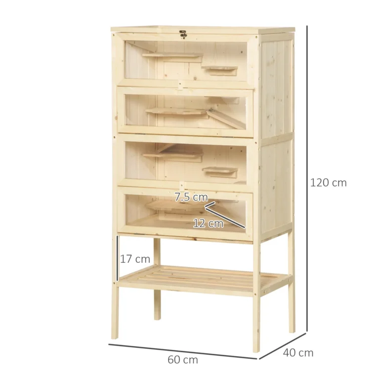 Four-Level Wooden Small Rodent Enclosure with Storage Shelf – Natural