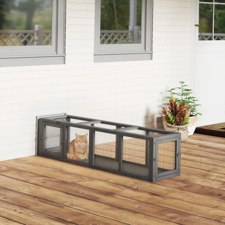 Wooden Cat Run Tunnel with Three Removable Doors – Grey, 150cm